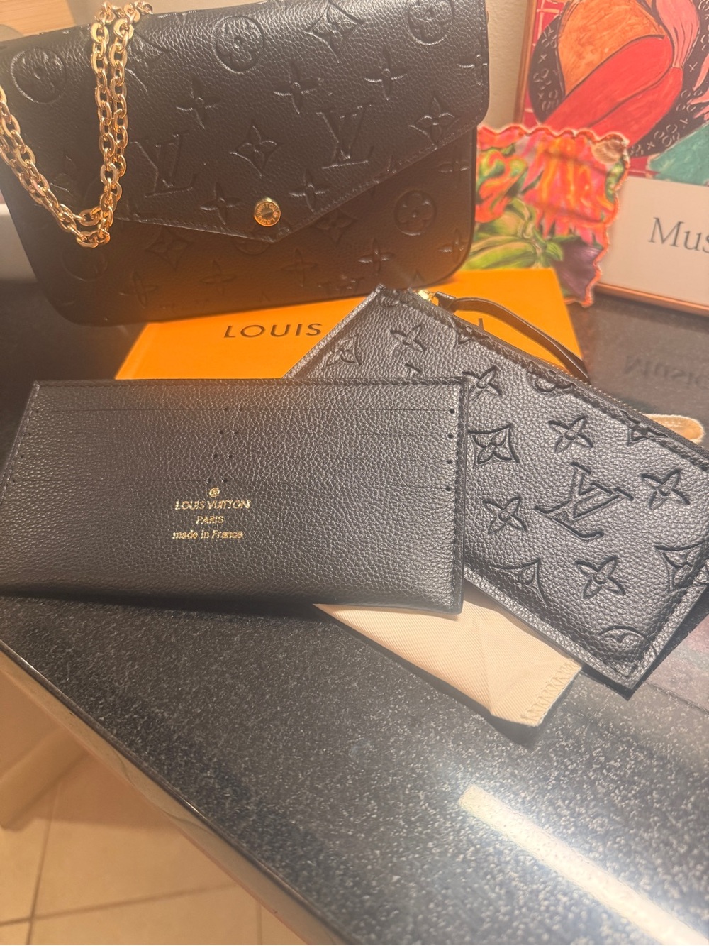 Inspired Black Monogram Leather Chain Shoulder Bag with Card Holder Set
